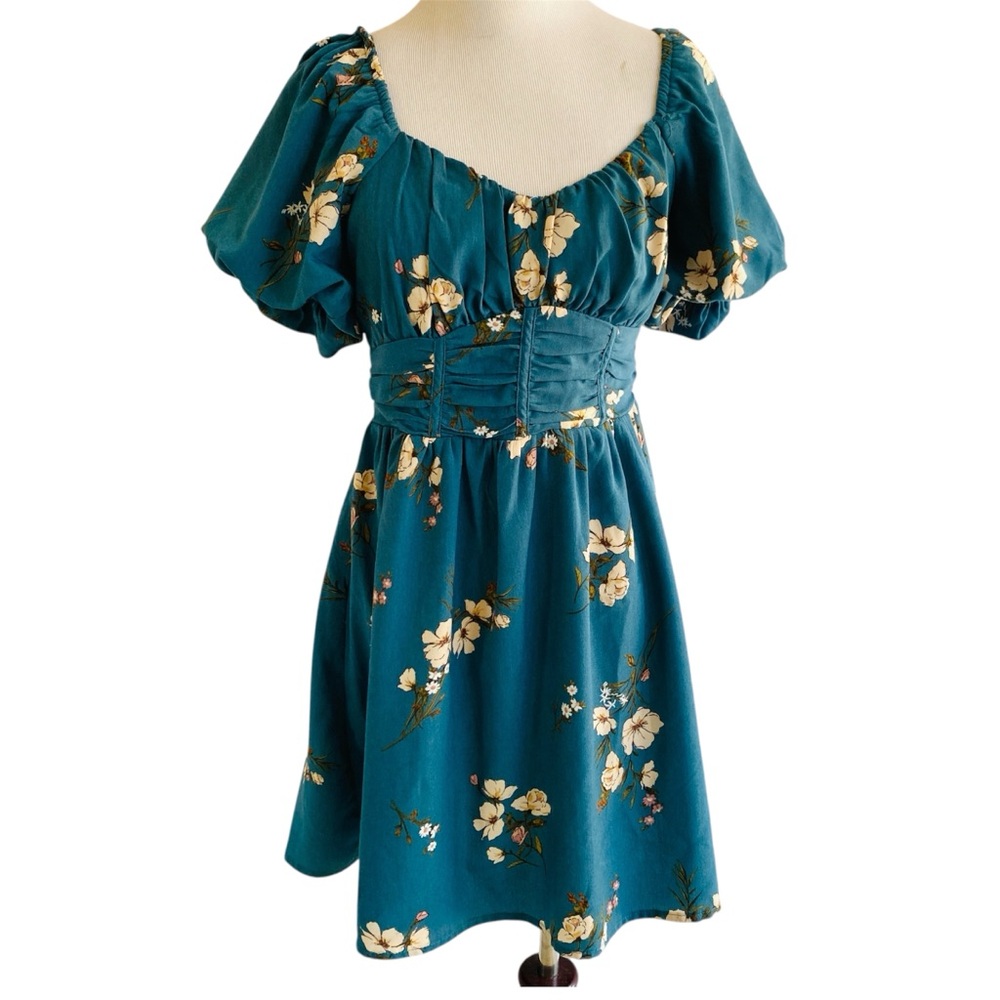 Inspired Hearts Teal Floral Puff Sleeve Mini Dress Medium Milkmaid Whimsigoth